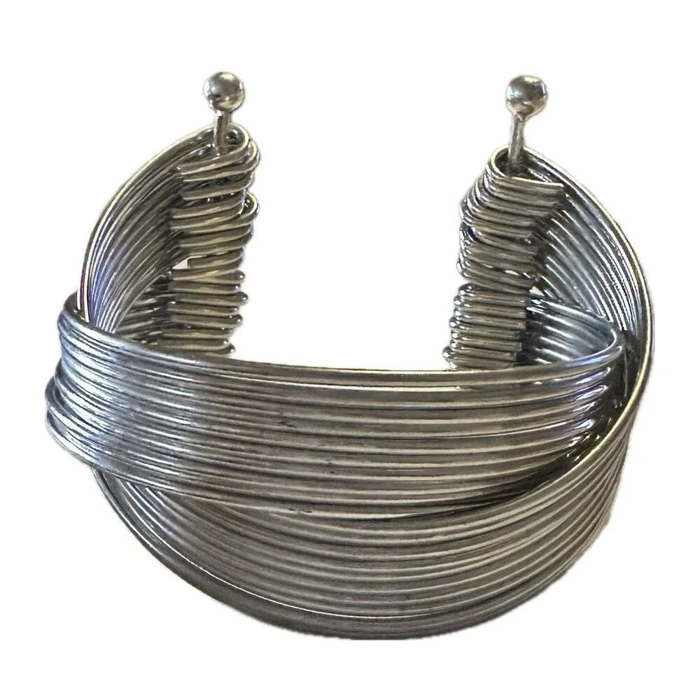 Silver Tone Multi Wire Wrap Cuff Bracelet Wide Open Crossover Statement
